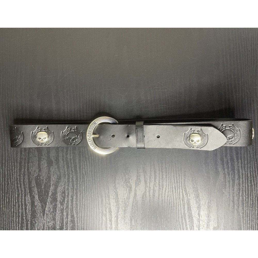 Harley Davidson Leather Belt, "Kick Start" Size Medium, Black With Skulls, USA